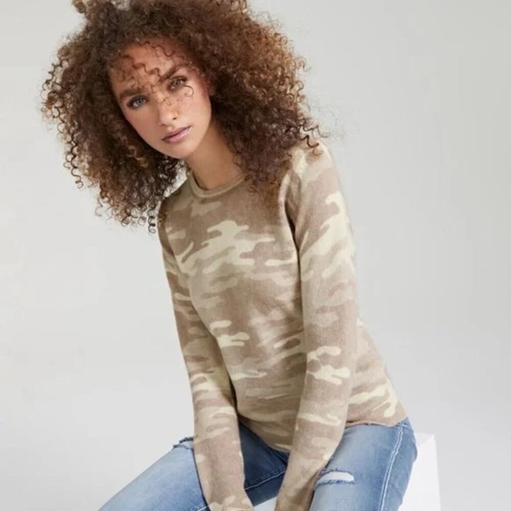 Charter Club 100% cashmere camo print crew neck long sleeve sweater in beige
